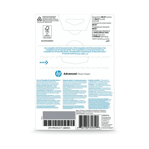 HP Advanced Glossy Photo Paper 250gsm 10x15cm Borderless (Pack of 25) Q8691A