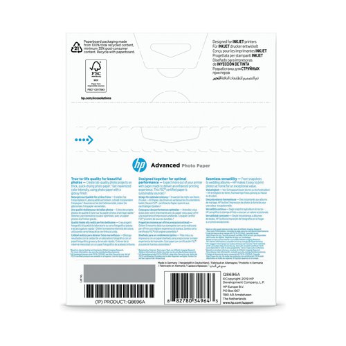 HP White 13x18cm Advanced Glossy Photo Paper (Pack of 25) Q8696A Specialist Papers HPQ8696A