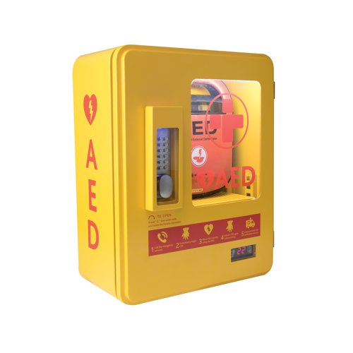 HS99910 | The AED Alarmed Outdoor Wall Mounted Cabinet offers you security, practicality, high visibility and peace of mind in the event of an emergency. The cabinet is manufactured from thick carbon steel and offers outdoor weather resistance. The shatterproof transparent window allows you to quickly check the status of your defibrillator. Finished in visible yellow, with the added features of a waterproof seal, user regulated temperature settings and a magnetic LED light which is operated when the door opens. The cabinet also includes AED (Automated External Defibrillator) instruction icons to guide users on the correct procedure.