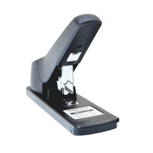The Rapesco AV-45 Heavy Duty Stapler has a stapling capacity of up to 115 sheets of 80gsm paper. Easy to load with the push button mechanism, the design also includes a personalisation window, tough metal construction and hardened ABS body.
