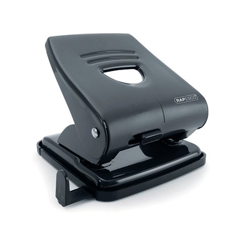 The Rapesco 827 is an all metal 2 hole punch with a punching capacity of up to 30 sheets of 80gsm paper. The handle locks down for storage and the flip open confetti tray is easy to empty. This black hole punch also features an adjustable paper guide for precision.