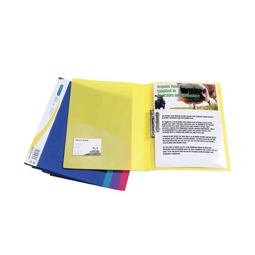 HT00144 | These bright, colourful Rapesco polypropylene binders feature a metal clamp mechanism to secure up to 100 sheets of 80gsm paper. The folders also have a removable, full length, wraparound spine label and an internal pocket with business card holder for personalisation. This assorted pack of 10 folders contains two each of yellow, purple, ruby, teal and blue.