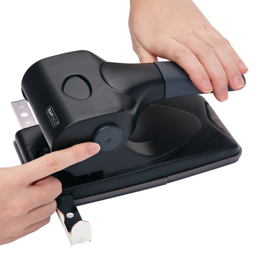 This heavy duty Rapesco ALU 65 hole punch features an aluminium alloy cast body with an extended, single piece handle with soft rubber grip for easily punching up to 65 sheets of 80gsm paper. The hole punch also features a personalisation window, adjustable metal paper guide, flip open confetti tray and a handle lock down switch for convenient storage. This pack contains 1 black hole punch.