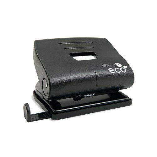 Part of the Rapesco Eco range, this durable, environmentally friendly 2 hole punch features all metal workings, with a 100% recycled ABS handle and can punch up to 22 sheets of 80gsm paper. With a handle lock down switch for easy storage, the black hole punch also features an adjustable paper guide for accuracy and a flip open confetti tray for easy emptying.