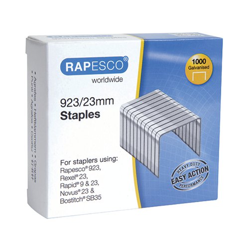 Designed for use with compatible Rapesco heavy duty staplers, these 23mm high quality steel wire staples have a tough galvanised finish and chisel point for ease of use. This bulk pack contains 1,000 923/23mm staples.