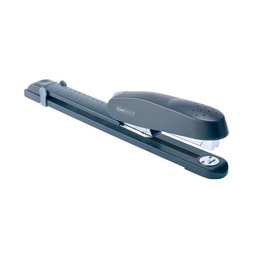 This heavy duty Rapesco 790 Long Arm Stapler has a stapling capacity of up to 50 sheets of 80gsm paper and features a front loading mechanism for full strips with a push button release. The 300mm stapling depth is ideal for centre stapling of booklets, pamphlets and brochures. The stapler uses 24/6mm and 26/6mm staples for up to 25 sheets, and 24/8mm or 26/8mm for up to 50 sheets.