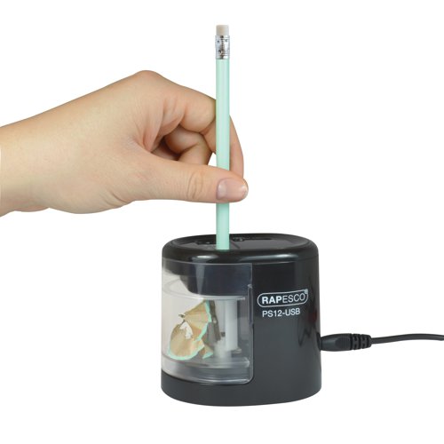 This Rapesco electric pencil sharpener can be powered via USB or 4 x AA batteries (not included). Providing quick and precise sharpening, the sharpener features a double hole design for 6-8mm and 9-12mm diameter pencils. Ideal for graphite, charcoal, pastel and coloured pencils, the sharpener is easy to clean, with a removable shavings tray. This black sharpener comes with replaceable sharpening units (2 large and 2 standard) and a USB cable included.