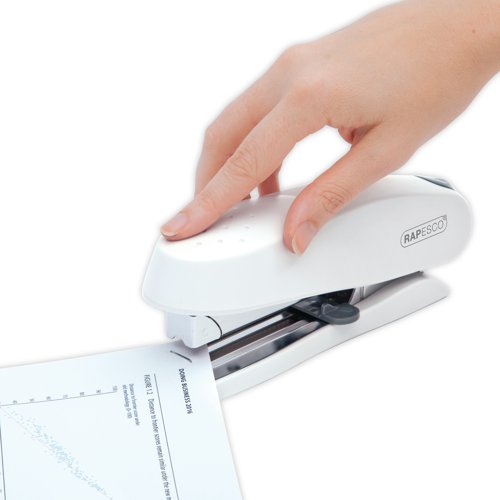 This ECO Spinna Heavy Duty Stapler features an ergonomic design and a stapling capacity of up to 50 sheets of 80gsm paper. The stapler has a handy magazine release key for easy full strip loading and an adjustable paper guide for accuracy. Finished in soft white and manufactured from a high level of recycled content, this stapler is backed by a 25 year guarantee. Uses 26/6-8mm and 24/6-8mm staples.