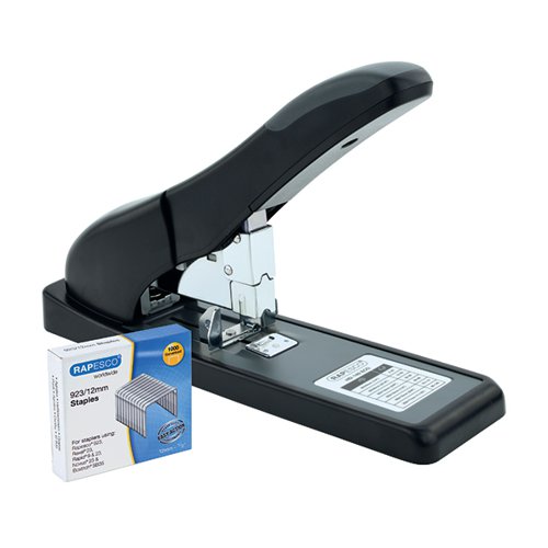 This Rapesco ECO HD-140 Heavy Duty Stapler takes the effort out of stapling up to 140 sheets of 80gsm paper. Part of the Rapesco ECO range, this powerful stapler is manufactured from a high level of recycled plastic. The full strip stapler features simple press button front-loading, with a soft feel handle for comfort. The stapler has an adjustable paper guide and non-slip feet for stability. The HD-140 comes with a pack of 1000 923/12mm staples for immediate use. This black stapler has a 25 year guarantee.