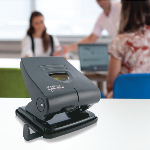 This 30 sheet, robust, 2 hole punch with all metal working parts features a handle lock down switch for easy storage and a neat flip opening confetti tray. Integrated Germ-Savvy antibacterial protection in the handle safeguards against bacteria for the lifetime of the product, making this punch ideal for homes, offices, schools and shared use. Capable of punching up to 30 sheets of 80gsm paper at time.