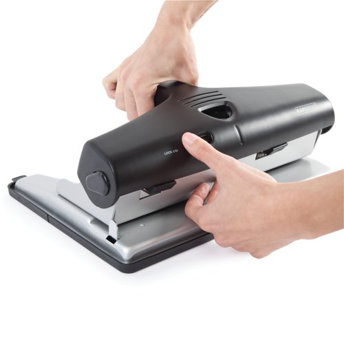 This Rapesco Adjustable Heavy Duty Punch features a variety of settings for punching 2, 3 and 4 hole A4 and A3 paper, and 2 hole A5 paper. The double hardened stainless steel construction has a punching capacity of up to 32 sheets of 80gsm paper. The black punch also features an extended handle that locks down for storage and an easy to empty, flip open confetti tray.