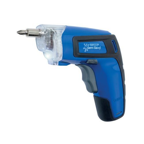 The Rapesco 3.6V Cordless Screwdriver is a compact, handy tool featuring our special Germ-Savvy antibacterial agent, which offers protection against bacteria. Boasting a rotation direction switch for both loosening and tightening screws, a magnetic bit holder to keep screw bits securely in place, and a rotation lock which prevents the tool from activating when not in use, designed with safety in mind. Features LED lights to indicate the driving direction and illuminate the work area. Conveniently supplied in a neoprene storage bag with 9 popular screw bits, a magnetic extension bit adapter and a USB charging cable for the integrated 3.6V lithium-ion battery.