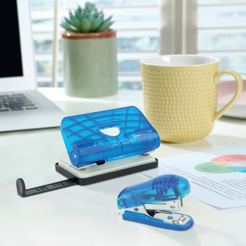 This set includes a handy 2-hole punch with fun, transparent blue ABS housing and a matching compact mini stapler. A box of 1,000 standard 26/6mm staples is also supplied with the set, for an immediate start. The compact design allows the set to fit easily in a work bag or larger pencil case, making it suitable for students or users on the move. The fun and colourful hole punch and Mini Bug stapler are capable of punching or stapling up to 12 sheets of 80gsm paper at a time. Practical for light-duty stapling and punching at home, school or office. The stapler is quick and simple to refill thanks to the top-loading mechanism, and the integrated staple remover at the rear removes staples easily without damaging the paper.