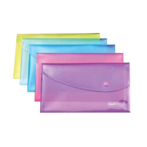 This bright, attractive Rapesco popper wallet can hold up to 50 sheets of DL paper. The wallet features a foldover flap with a press stud closure to help keep contents secure. The wallet also features a handy pen holder cut out under the flap. This assorted pack contains 5 popper wallets in bright blue, green, purple, pink and turquoise.