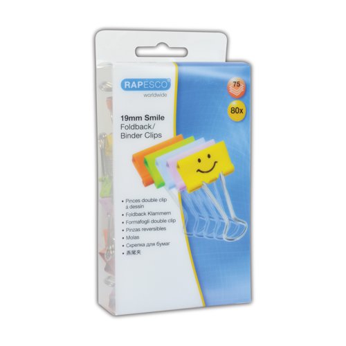 These fun, attractive Rapesco 19mm foldback clips feature a smiley emoji design in assorted colours. Ideal for collating documents or securing loose sheets of paper, the metal clips fold back for easy application. This pack contains 80 foldback clips in assorted pastel colours.