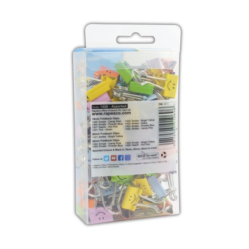 These fun, attractive Rapesco 19mm foldback clips feature a smiley emoji design in assorted colours. Ideal for collating documents or securing loose sheets of paper, the metal clips fold back for easy application. This pack contains 80 foldback clips in assorted pastel colours.