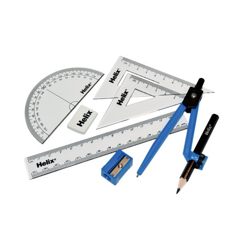 This Helix Maths Set contains a selection of essential mathematical instruments great for use in the classroom. It comes with a clear plastic 15cm ruler and matching protractor for measuring and drawing lines and angles, plus two set squares for creating fixed 30, 45, 60 and 90 degree angles. The blue plastic compass with pencil makes it easy to draw arcs and circles. Finally, there's a handy eraser and pencil sharpener with an anti-tamper blade for extra safety.