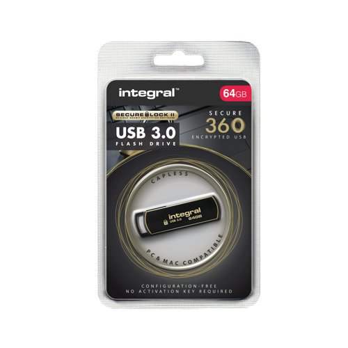 Protect your confidential data with the Integral Secure 360 USB Drive. It comes with Secure Lock II software for PCs and Macs that locks out access to unauthorised users with 256-bit AES encryption. It's easy to use - just drag and drop your files as normal to encrypt on the fly. It'll prevent unauthorised access to your files and even wipe the drive after 10 failed access attempts. The Secure 360 features a 360-degree rotating cap to protect the USB connector, and supports USB 3.0 for high speed data transfers (backwards compatible with USB 2.0).