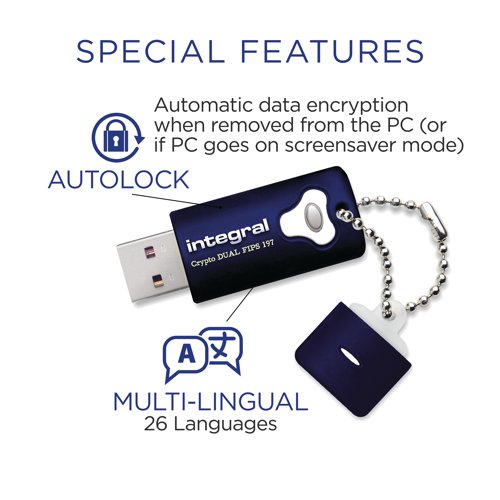 The Integral Crypto Dual FIPS 197 Encrypted USB 3.0 Flash Drive offers SuperSpeed data transfer with the data security of military grade 256-bit hardware encryption. As well as the environmental resistance of a triple-layer case design, ensuring your sensitive data is completely safe and can be taken with you wherever you go. The dual password system makes the Crypto Dual ideal for businesses and organisations with IT departments that may need to override user privileges. Compatible with Windows XP / Vista / 7 / 8.1 / 10, Mac OS X and all popular desktop and laptop brands.