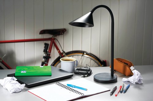 The Unilux Sol office desk lamp with an adjustable, flexible arm allows the customisation of lighting with a simple twist or turn. Featuring efficient LED light diffusion that replicates natural daylight, the powerful 4 Watt replaceable LED provides 500 lumens of light at 3000K for a lifetime usage of 20,000 hours. Supplied in black, with a round base measuring 140mm diameter, the slim design makes it suitable for positioning on most sizes of desks.