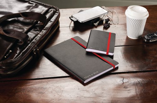 This premium Black n' Red A6 notebook contains 144 pages of quality Optik paper, which is ruled and numbered for neat, indexed notes. The casebound notebook features durable covers with a soft touch finish, as well as a red elasticated strap to help keep contents secure. The notebook also features an inside rear pocket for storage of additional loose pages. This pack contains 1 x A6 notebook.