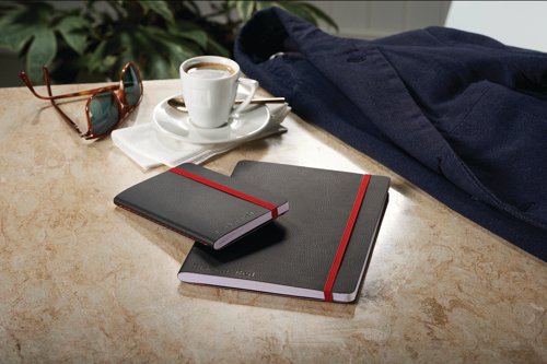 This premium Black n' Red A6 notebook contains 144 pages of quality Optik paper, which is ruled and numbered for neat, indexed notes. The casebound notebook features durable covers with a soft touch finish, as well as a red elasticated strap to help keep contents secure. The notebook also features an inside rear pocket for storage of additional loose pages. This pack contains 1 x A6 notebook.