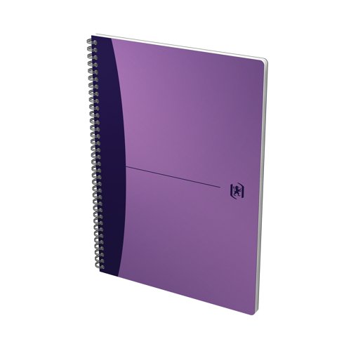 This Oxford Office A4 notebook contains 180 pages of quality 90gsm Optik paper, which is ruled with a margin for neat note-taking. The professional notebook also features a repositionable bookmark, which doubles as a ruler and twin wire binding, which allows the book to lie flat for easy note taking. The notebook has metallic effect, wipe clean polypropylene covers. This assorted pack contains 5 x A4 notebooks in blue, green, grey, red and purple.