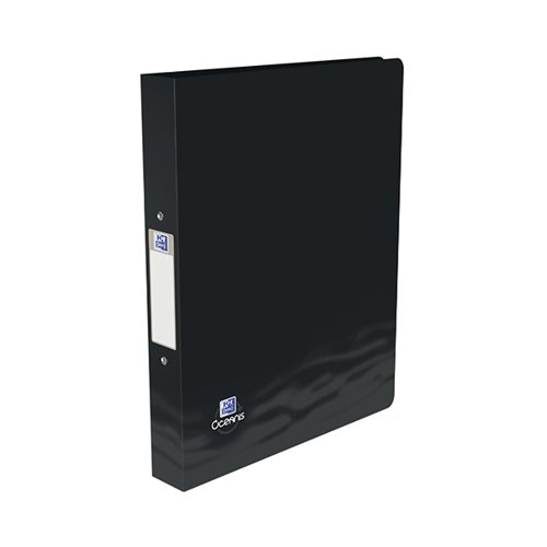 This Oxford Oceanis ring binder has an A4+ format and a filing capacity of approximately 250 sheets. It has a two ring mechanism and an adhesive label on the spine to identify the contents. The Oceanis range helps to reduce the amount of plastic waste thrown into the oceans and preserves fossil resources to reduce CO2 emissions by 90%. Supplied in black.