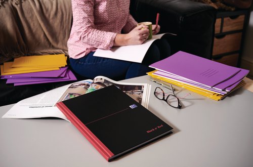 This stylish, professional Black n' Red notebook contains 96 pages of high quality Optik paper, which is designed for minimum ink bleed through and is smart ruled for neat notes. The casebound notebook features sturdy hardback covers and sewn pages for long lasting use. The A4 notebook also comes with a ribbon page marker for quick and easy referencing. This pack contains 1 A4 notebook.