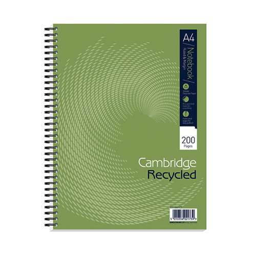 This environmentally friendly Cambridge notebook contains 200 pages of 100% recycled 70gsm paper, which is ruled with a margin for neat note-taking. The full-size A4 pages are perforated for easy removal and 4 hole punched for filing in a ring binder or lever arch file. The wire binding allows the notebook to lie flat for easy note-taking. This pack contains 3 x A4+ notebooks.