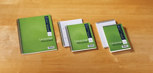This environmentally friendly Cambridge notebook contains 200 pages of 100% recycled 70gsm paper, which is ruled with a margin for neat note-taking. The full-size A4 pages are perforated for easy removal and 4 hole punched for filing in a ring binder or lever arch file. The wire binding allows the notebook to lie flat for easy note-taking. This pack contains 3 x A4+ notebooks.