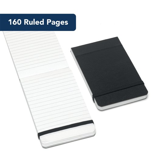 JDA76024 | This handy compact notebook contains 160 pages of 60gsm ruled paper for neat note-taking on the go. The economical notebook measures 76 x 127mm and is headbound with an elasticated strap for security. This pack contains 10 notebooks with black card covers.