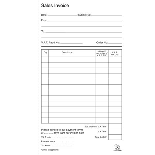 This Challenge invoice book with a single VAT column provides carbonless duplicate copies for your records. Each book is tape bound and contains 100 numbered sets of duplicates. This pack contains 5 duplicate invoice books measuring 210 x 130mm.