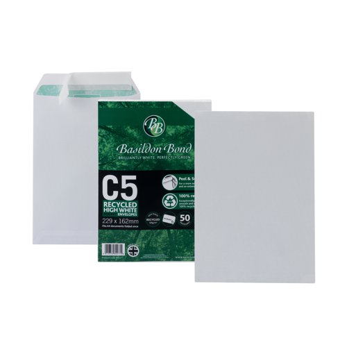 JDB80277 | These environmentally friendly Basildon Bond envelopes are made from smooth, white, 100% recycled 120gsm paper. With a simple and secure peel and seal closure, these envelopes are suitable for unfolded A5 sheets, or A4 documents folded once. This pack contains 50 white C5 envelopes.