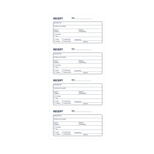 Record transactions with environmentally friendly, carbonless duplicates using this duplicate receipt book. The 200 sets of duplicate slips are perforated for easy removal with bottom copies remaining in the book. Featuring a taped binding, this durable receipt book measures 280mm x 141mm and features a strong card cover.