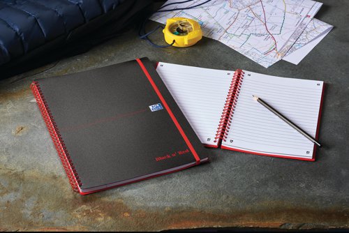 This professional Black n' Red A5 notebook contains 140 pages of quality 90gsm Optik paper, which is designed for minimum ink bleed through and is ruled for neat notes. The pages are also perforated for easy removal. The notebook is wirebound, allowing it to lie flat, and features durable polypropylene covers and an elasticated closure to help keep contents secure. This pack contains 5 A5 notebooks.