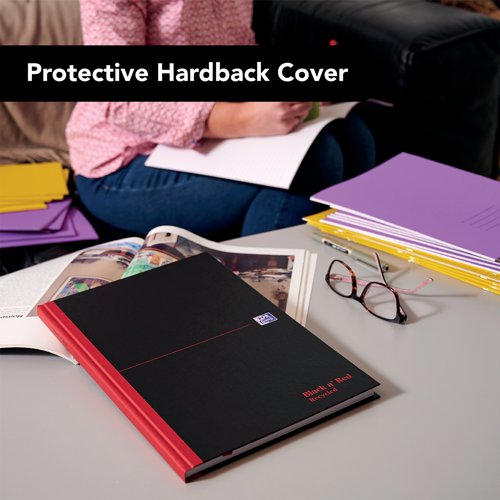 This stylish, professional Black n' Red A5 notebook contains 192 pages of high quality, recycled 90gsm Optik paper, which is designed for minimum ink bleed through and is ruled for neat notes. The casebound notebook features sturdy hardback covers and sewn pages for long lasting use. The A5 notebook also comes with a ribbon page marker for quick and easy referencing. This pack contains 5 A5 notebooks.