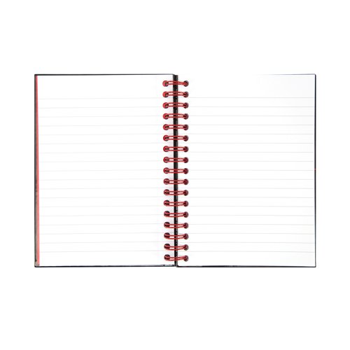 This stylish, professional Black n' Red A6 notebook contains 140 pages of high quality 90gsm Optik paper, which is designed for minimum ink bleed through and is ruled for neat notes. The pages are also perforated for easy removal. The wirebound notebook features glossy hardback covers, which lie flat for easy note-taking. This pack contains 5 A6 notebooks.