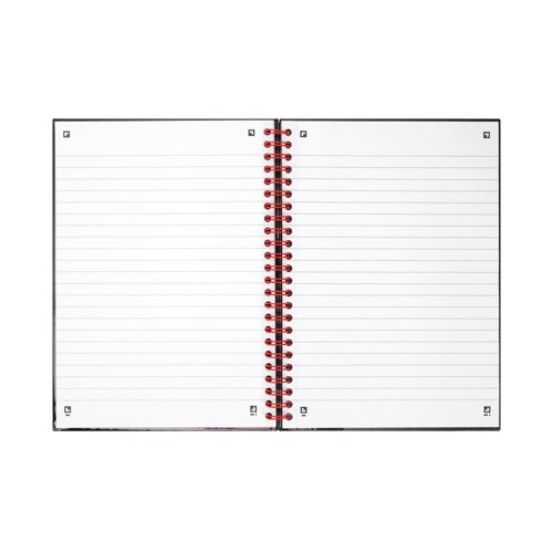 This professional Black n' Red A5 notebook contains 140 pages of quality 90gsm Optik paper, which is designed for minimum ink bleed through. The pages are ruled for neat note-taking and perforated for easy removal. The wire binding allows the notebook to lie flat for ease of use and it also features matte laminated, hardback covers. This pack contains 5 A5 notebooks.