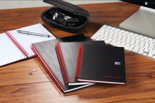This professional Black n' Red A5 notebook contains 140 pages of quality 90gsm Optik paper, which is designed for minimum ink bleed through. The pages are ruled for neat note-taking and perforated for easy removal. The wire binding allows the notebook to lie flat for ease of use and it also features matte laminated, hardback covers. This pack contains 5 A5 notebooks.