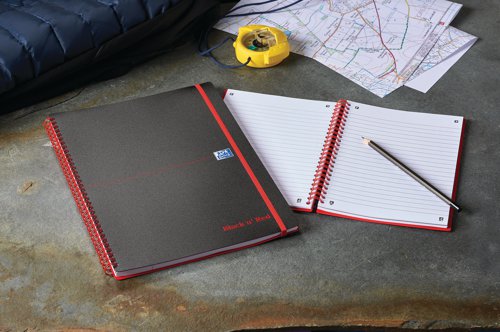 This professional Black n' Red A4 notebook contains 140 pages of quality 90gsm Optik paper, which is designed for minimum ink bleed through and is ruled for neat notes. The notebook is wirebound, allowing it to lie flat, and features durable polypropylene covers and an elasticated closure to help keep contents secure. This pack contains 5 A4 notebooks.