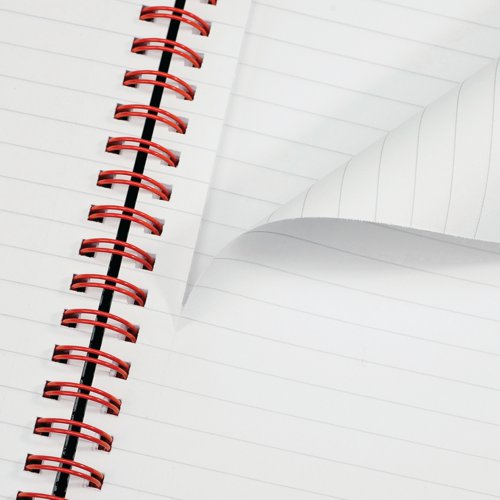 This professional Black n' Red A4 notebook contains 140 pages of quality, recycled 90gsm Optik paper, which is designed for minimum ink bleed through and is ruled for neat notes. The notebook is wirebound, allowing it to lie flat, and features durable polypropylene covers and an elasticated closure to help keep contents secure. This pack contains 5 A4 notebooks.