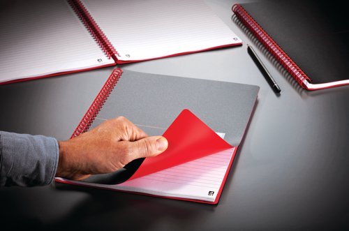 This professional Black n' Red A4 notebook contains 140 pages of quality, recycled 90gsm Optik paper, which is designed for minimum ink bleed through and is ruled for neat notes. The notebook is wirebound, allowing it to lie flat, and features durable polypropylene covers and an elasticated closure to help keep contents secure. This pack contains 5 A4 notebooks.