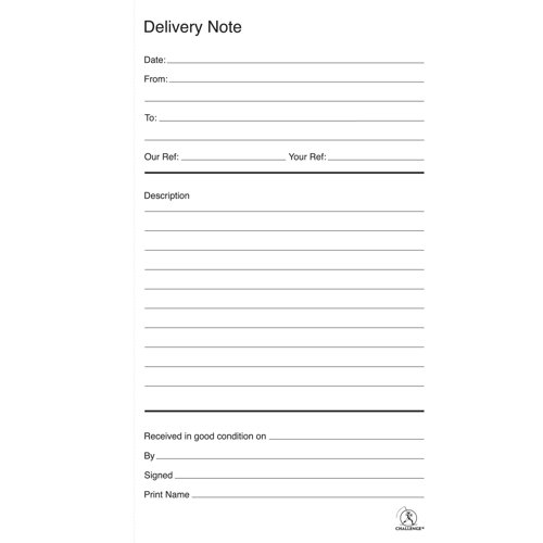 This Challenge Delivery Notebook provides carbonless duplicate copies for your records. Each book is tape bound and contains 100 numbered sets of duplicates. This pack contains 5 duplicate delivery note books measuring 210 x 130mm.