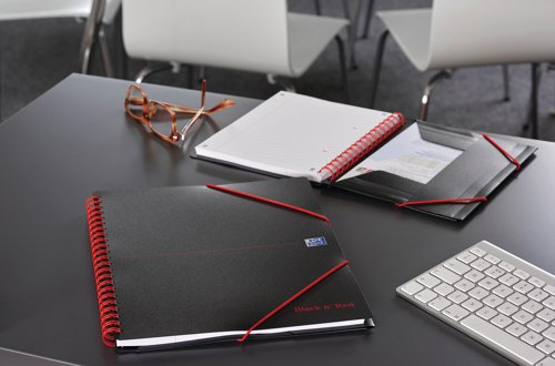 This stylish, professional Black n' Red A4+ meeting book contains 160 pages of quality 90gsm Optik paper, which is designed for minimum ink bleed through. The pages are ruled, 4 hole punched and perforated for easy removal. The meeting book is wirebound allowing it to lie flat and also features an elasticated folder in the back for additional loose sheets. This pack contains 5 A4+ meeting books.