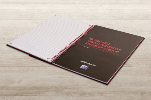 This stylish, professional Black n' Red notebook contains 140 pages of high quality, recycled 90gsm Optik paper, which is designed for minimum ink bleed through and is ruled for neat notes. The wirebound notebook features glossy hardback covers, which lie flat for easy note-taking. This pack contains 5 A4 notebooks.