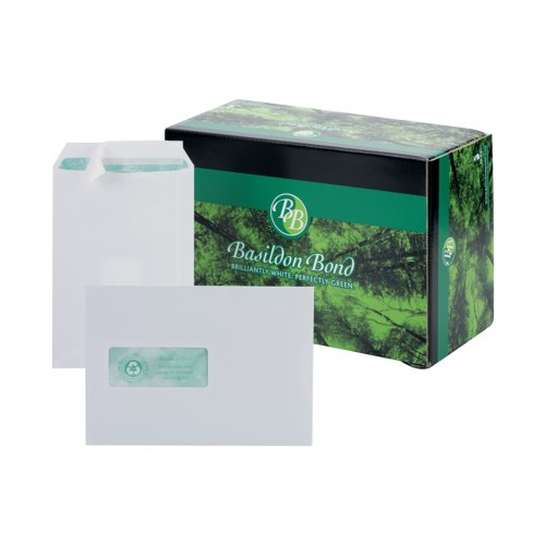 These environmentally friendly Basildon Bond envelopes are made from smooth, white, 100% recycled 120gsm paper. With a simple and secure peel and seal closure, these envelopes also feature a convenient address window made from 100% biodegradable film. Suitable for unfolded A5 sheets, or A4 documents folded once, this pack contains 500 white C5 envelopes.
