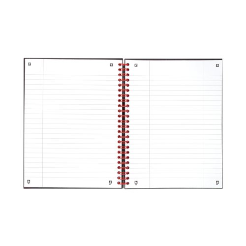 This professional Black n' Red A5+ notebook contains 140 pages of quality 90gsm Optik paper, which is designed for minimum ink bleed through. The pages are Margin ruled for neat note-taking and perforated for easy removal. The wire binding allows the notebook to lie flat for ease of use and it also features matte laminated hardback covers. This pack contains 5 A5+ notebooks.