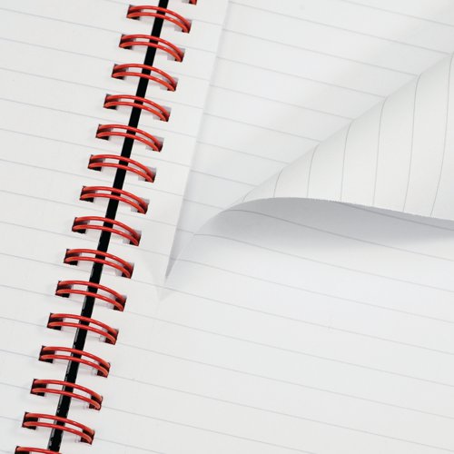 This professional Black n' Red A5 notebook contains 140 pages of quality, recycled 90gsm Optik paper, which is designed for minimum ink bleed through and is ruled for neat notes. The pages are also perforated for easy removal. The notebook is wirebound, allowing it to lie flat, and features durable polypropylene covers and an elasticated closure to help keep contents secure. This pack contains 5 A5 notebooks.