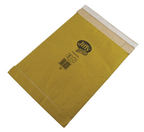 These durable, lightweight Jiffy padded bags feature tough, brown Kraft outer paper with a 100% recycled paper fibre lining. The bags have a doubled glued bottom flap and no side seams for extra protection in transit, and are also 100% recyclable. These size 1 mailers measure 165 x 280mm. This pack contains 100 gold mailers with a self seal closure.
